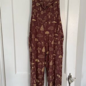 Women's Brown Mushroom-Print Overalls